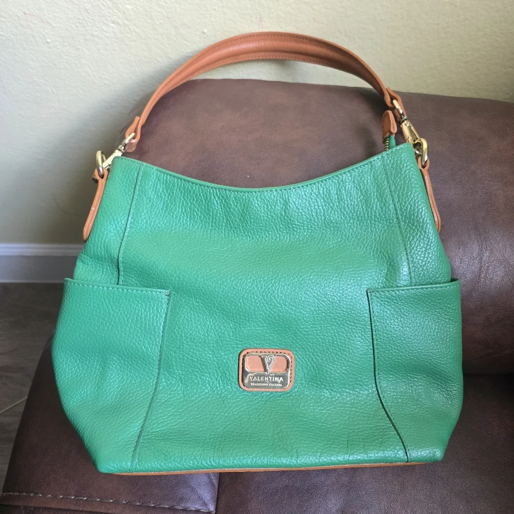 Valentina Green and Tan Hobo Bag with Leather Accents - Picture 2 of 10